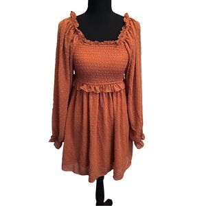 Entro Romantic Boho Rust Long Sheer Sleeve Smocked Dress Size S